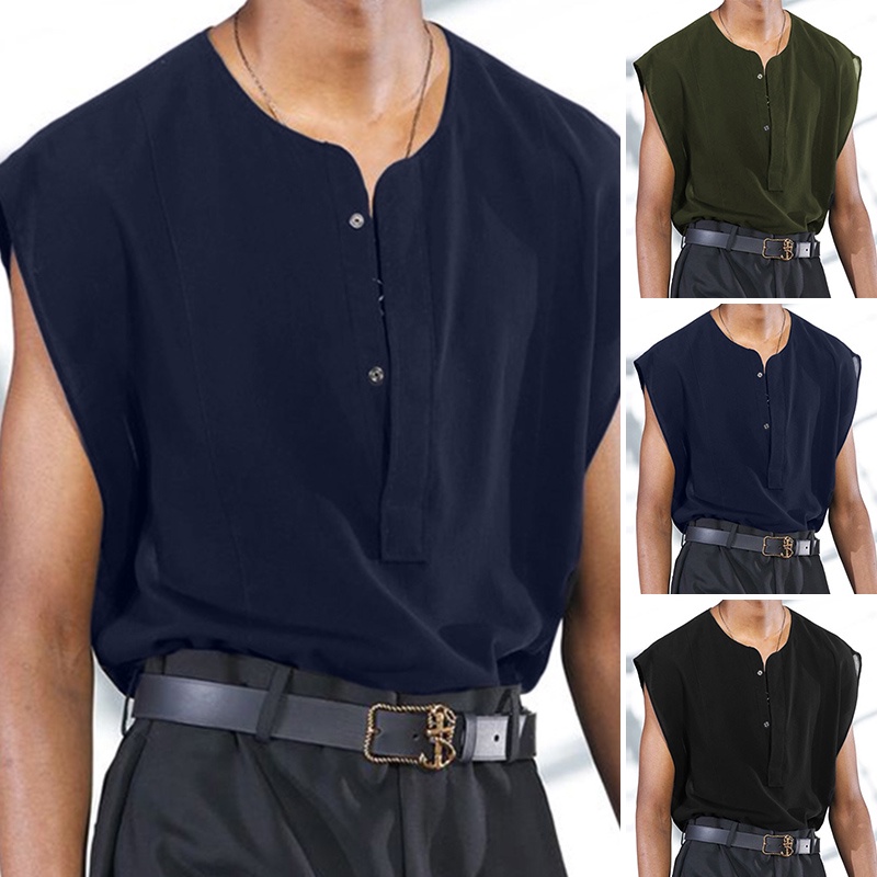 Áo sơ mi INCERUN thiết kế không tay màu trơn cài nút thoải mái cho nam