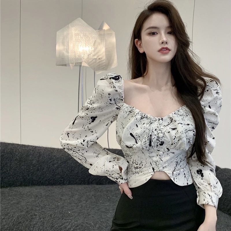 Áo Croptop Trễ Vai Tay Dài Cổ Chữ v In Họa Tiết Mực Độc Đáo Thời Trang Cho Nữ