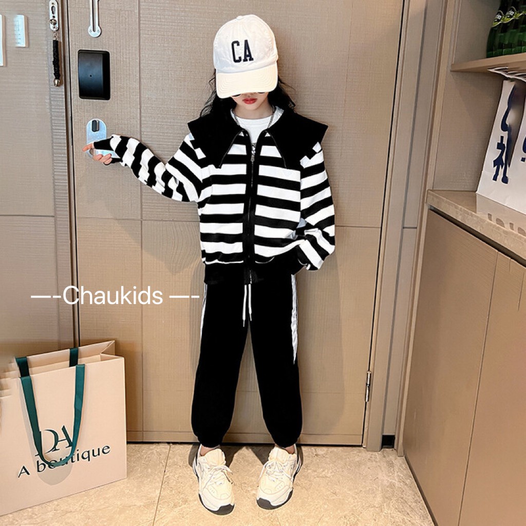 Quần áo bé gái, set bộ quần áo thu đông kẻ ngang cá tính size đại cho bé 20-32kg