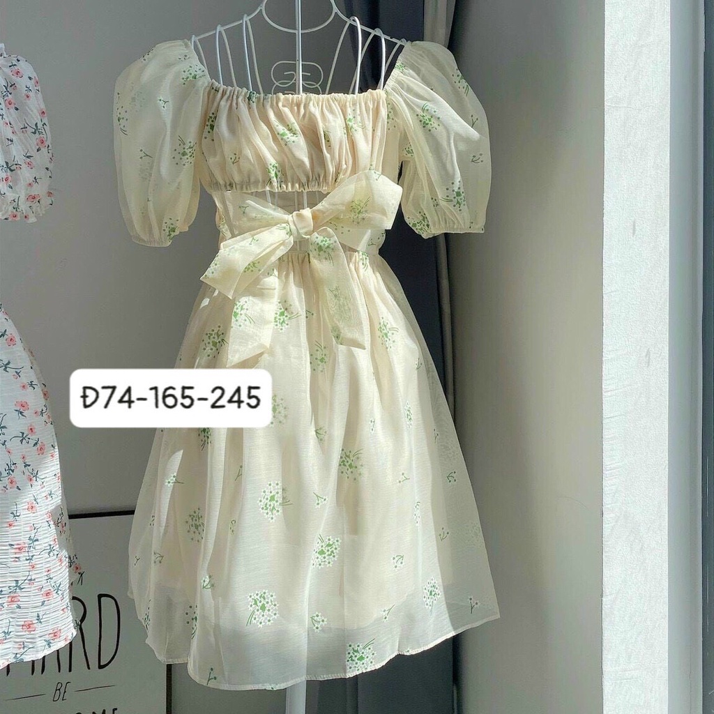 Đầm hoa tay phồng cut out nơ lưng bo eo Đ74 - phong cách trẻ trung, đáng yêu