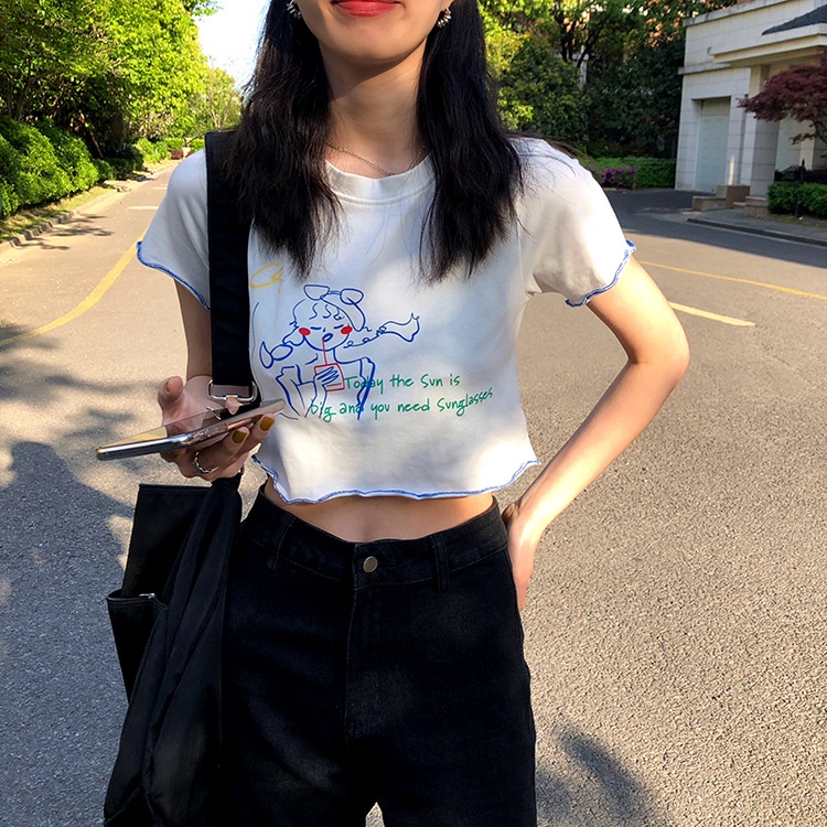 Áo Thun Crop Top Tay Ngắn Dáng Ôm In Họa Tiết Dễ Thương Thời Trang Cho Nữ