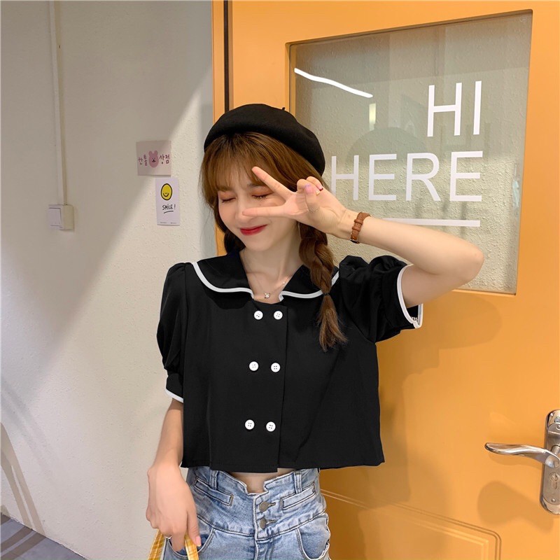 ÁO KIỂU SƠ MI CROPTOP TAY PHỒNG ULZZANG HẢI QUÂN [ORDER]