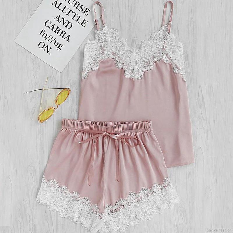 [Baywellfashion]Set đồ ngủ áo dây sát nách phối ren hoa + quần sọt | BigBuy360 - bigbuy360.vn