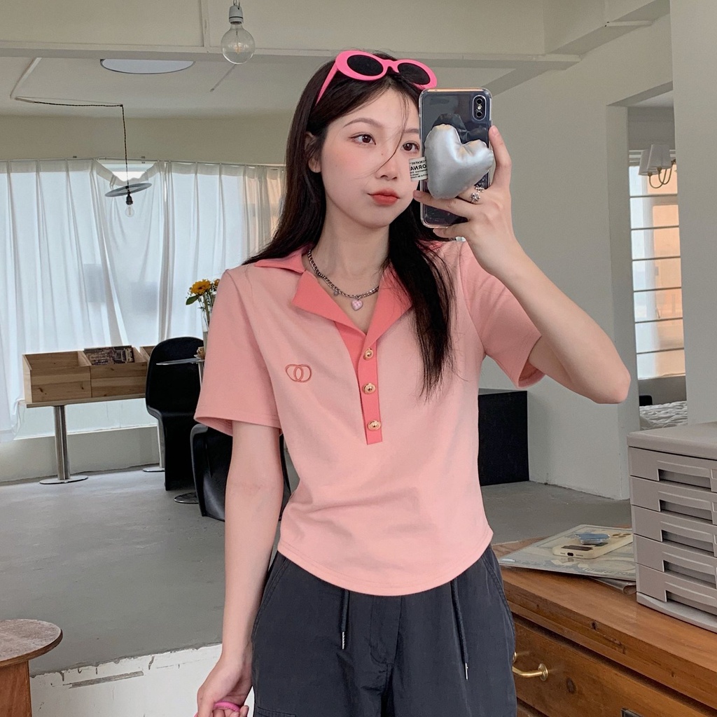 Áo thun ZHELIHANGFEI dệt kim cổ polo tay ngắn phong cách xinh xắn trẻ trung