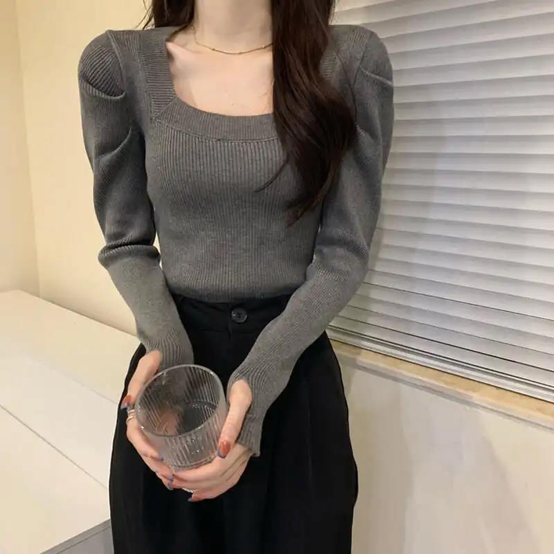 Jiashucheng Áo Sweater Cổ Vuông Thời Trang Thu Đông Phong Cách Mới Cho Nữ