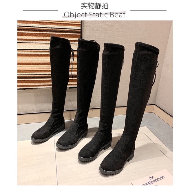 Boots đùi da lộn lót lông gót vuông cao 5cm có dây buộc