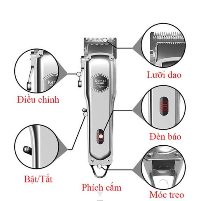 Siêu Tông Đơ Kemei1998 - Màu Bạc Nguyên Khối Đẳng Cấp Chuyên Nghiệp(Pin lithium 2000 mAh)