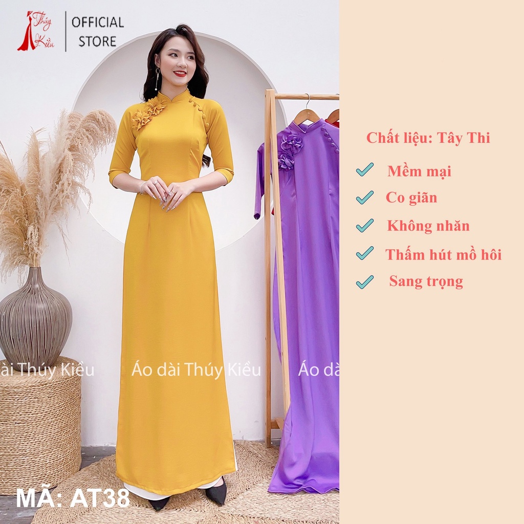 Áo dài nữ thiết kế may sẵn đính hoa thủ công đẹp cách tân màu vàng AT38 mềm mại, co giãn, áo dài giá rẻ
