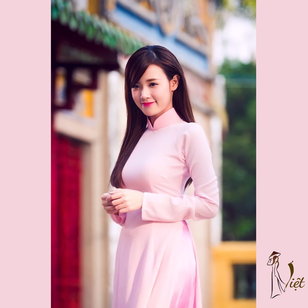 Áo dài màu hồng phấn pastel trơn truyền thống may sẵn lụa mỹ cao cấp