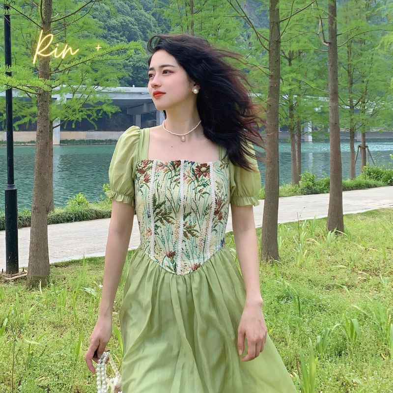 Váy khâu jacquard màu xanh lá cây cổ điển Pháp có bigsize tới 70kg