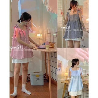 Sét đồ ulzzang Áo baby doll kẻ caro hai dây buộc nơ kèm quần shorts đùi đủ màu siêu đẹp(3 màu)