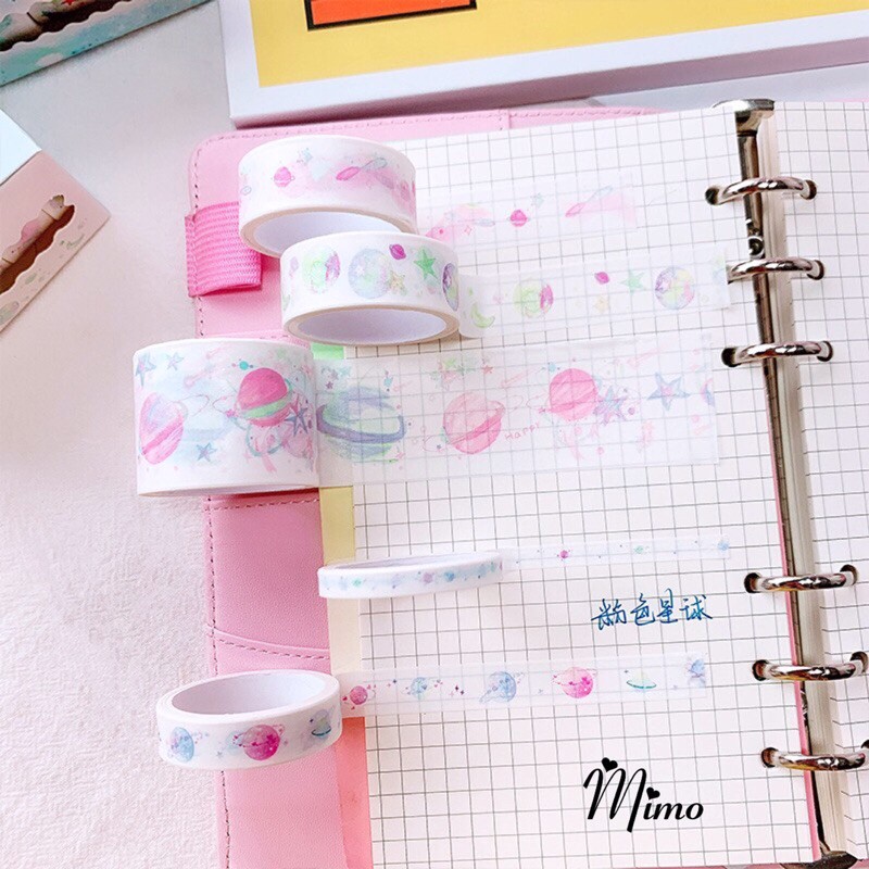 Hộp 5 cuộn băng dính washi tape trang trí planner mẫu mới hoạt hình ngộ nghĩnh dùng dán hộp, kệ, sổ... nhiều màu độc đáo