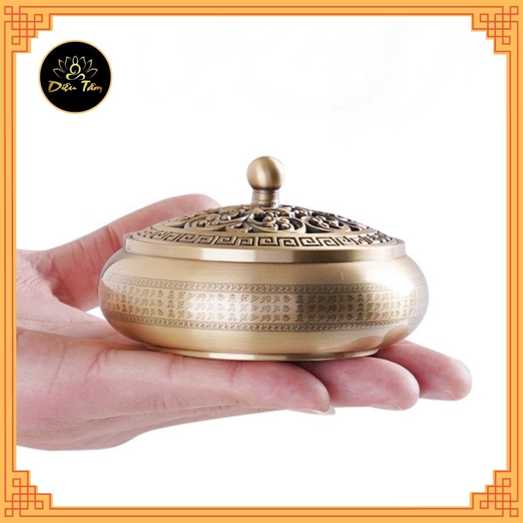 Lư đồng xông trầm đốt trầm khắc lục tự chân ngôn thay cho lư điện -  tặng hồ lô đồng và lót chống cháy
