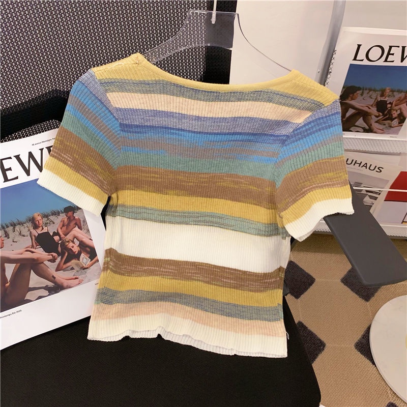 Áo Kiểu Cổ Vuông Tay Ngắn Họa Tiết Kẻ Sọc Màu Sắc Tương Phản Phong Cách Hàn Quốc Thời Trang