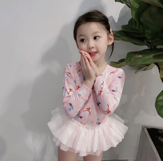Bộ bơi liền dài tay kèm mũ dành cho bé gái đi biển mùa hè  mã C12 đồ bơi bé gái dài tay kín đáo