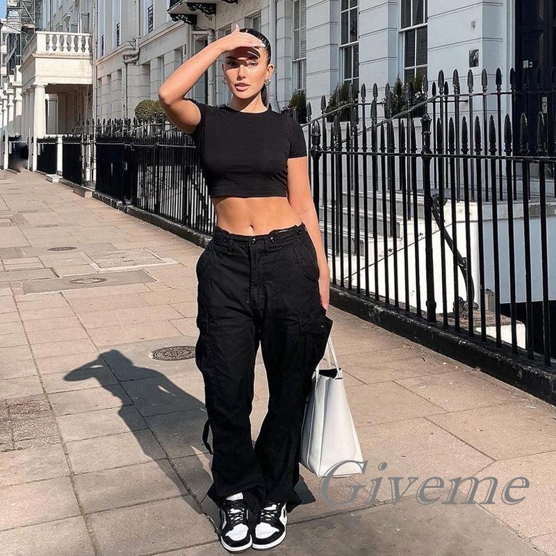 Quần Baggy Cổ Điển Màu Trơn Lưng Thấp Có Túi Màu Đen / Xanh Lá / Hồng Dành Cho Nữ