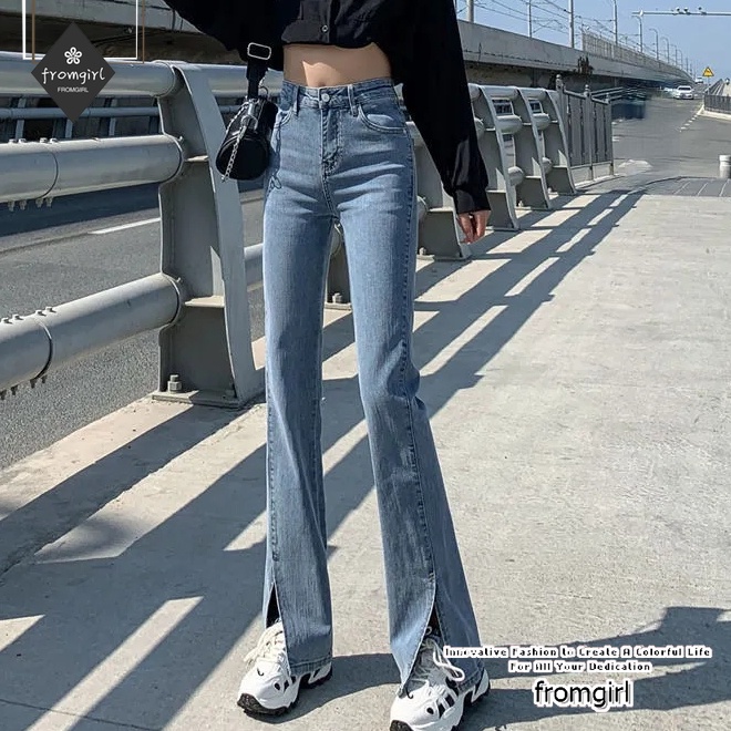 Quần Jean Đen Ống Rộng Xẻ Tà Lưng Cao Thời Trang Xuân Thu Dành Cho Nữ 2022