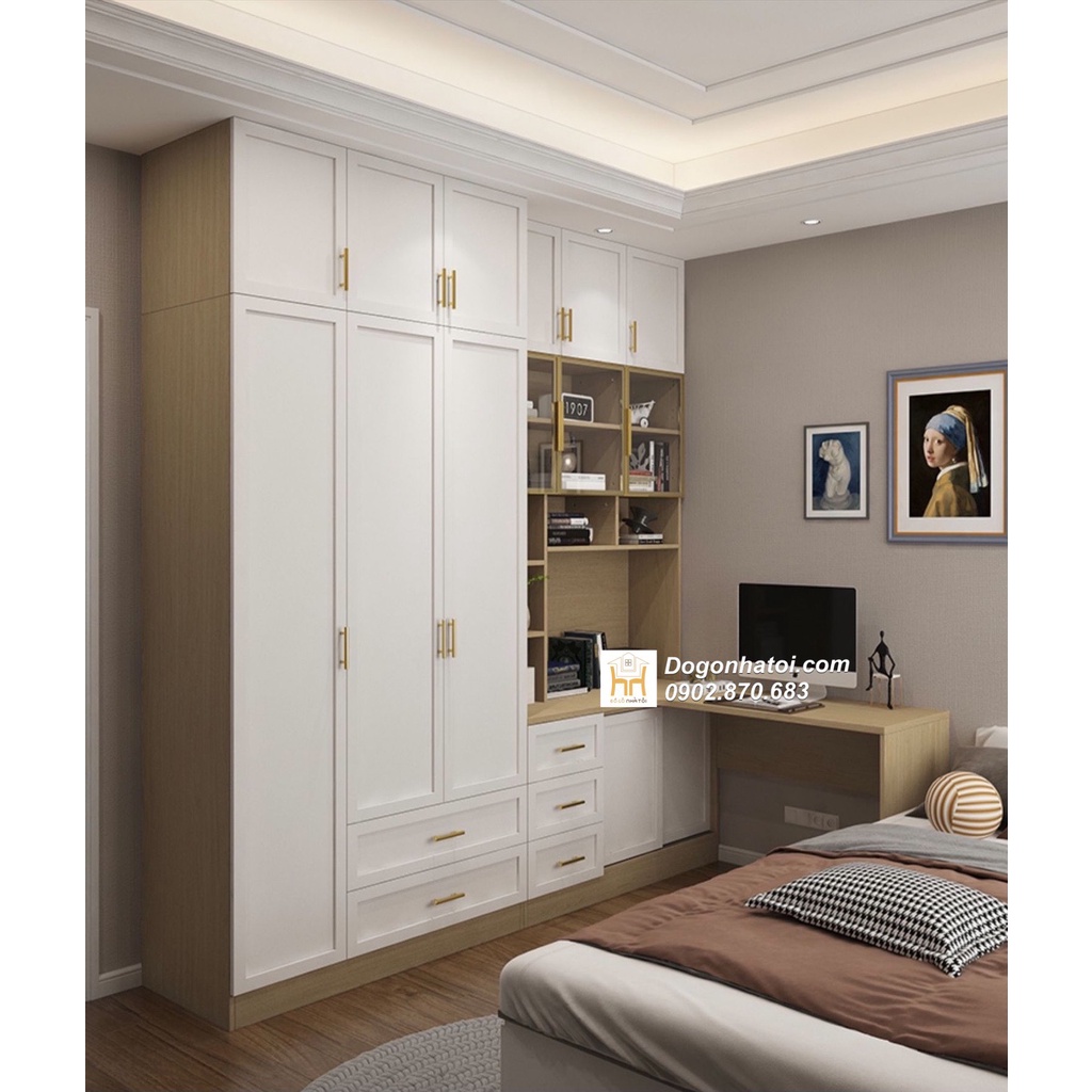 Bàn làm việc kết hợp tủ quần áo phong cách tân cổ điển 2m4 x 2m4 - TA214