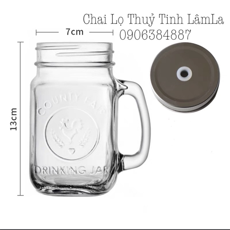 Cốc Ly Quai Thuỷ Tinh Hình Drinking Jar Nắp Nhôm Bạc 480ml