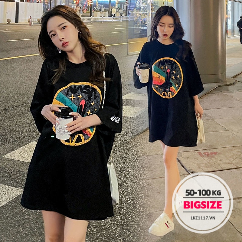 Đầm thun suông Bigsize Váy nữ dáng suông tay ngắn cổ tròn đen mùa hè Phong cách Hàn Quốc Thời Trang tiểu thư cá tính xinh đẹp cho người mập béo