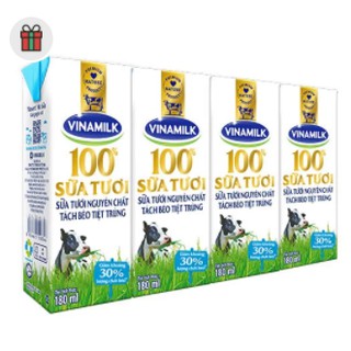 SỮA TƯƠI TIỆT TRÙNG VINAMILK 100% TÁCH BÉO KHÔNG ĐƯỜNG - LỐC 4 HỘP 180ML
