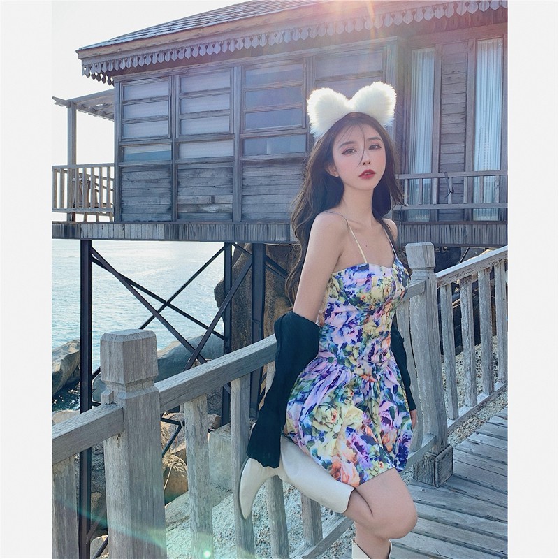 Đầm nữ đầm dáng xòe, đầm hoa hai dây sexy