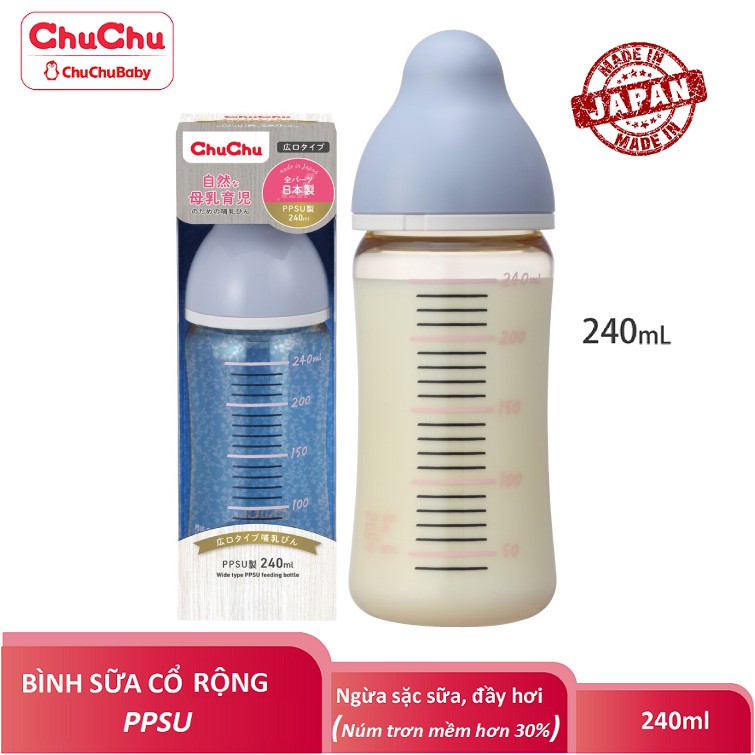 Bình sữa cổ rộng PPSU 240ML new với núm trơn mềm hơn 30% giống ty mẹ, ngừa sặc và đầy hơi Chuchu Baby