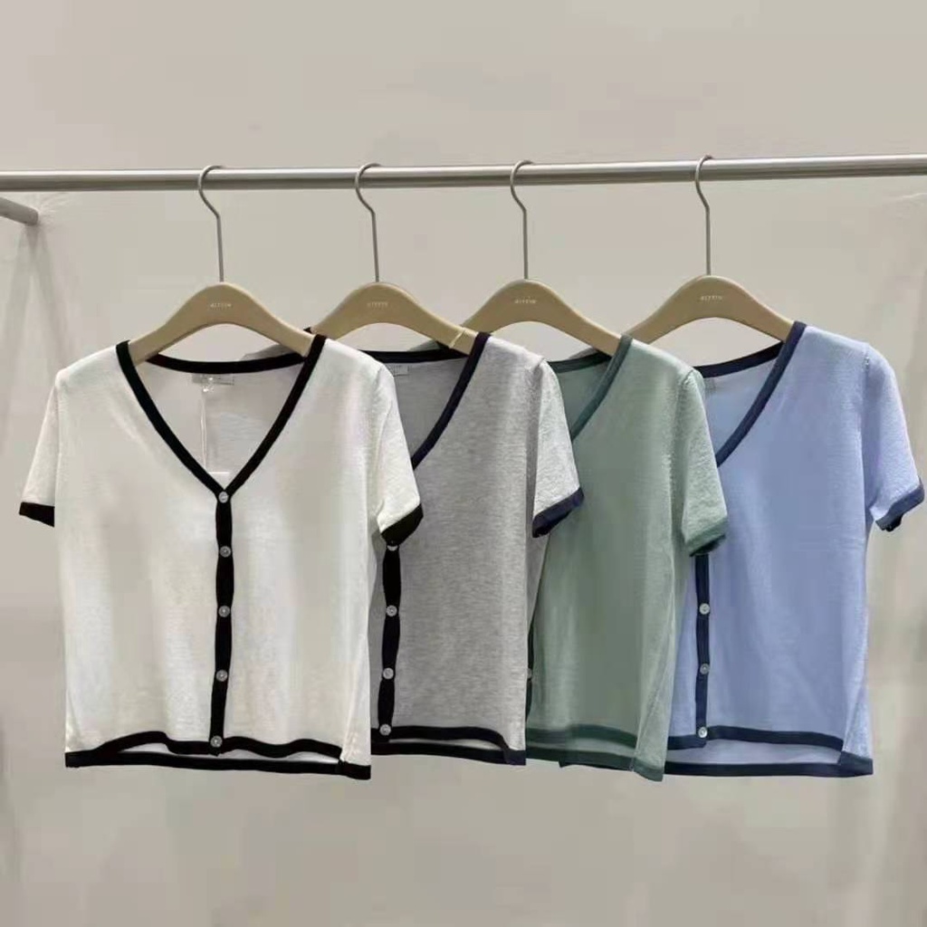 AMOI Áo Thun Ngắn Tay Chống Nắng Cài Nút Phối Màu Thời Trang Cho Nữ