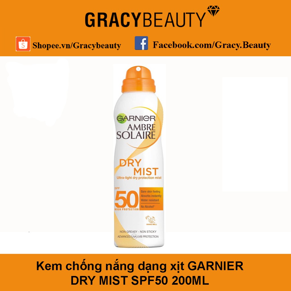 Kem chống nắng dạng xịt không bóng nhờn Garnier Dry Mist SPF50 200ml