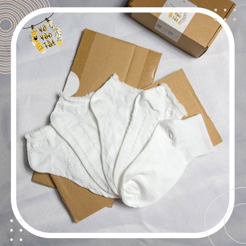 TẤT VỚ CỔ NGẮN NỮ TRẮNG TRƠN HỌA TIẾT NỔI KIỂU LOLITA