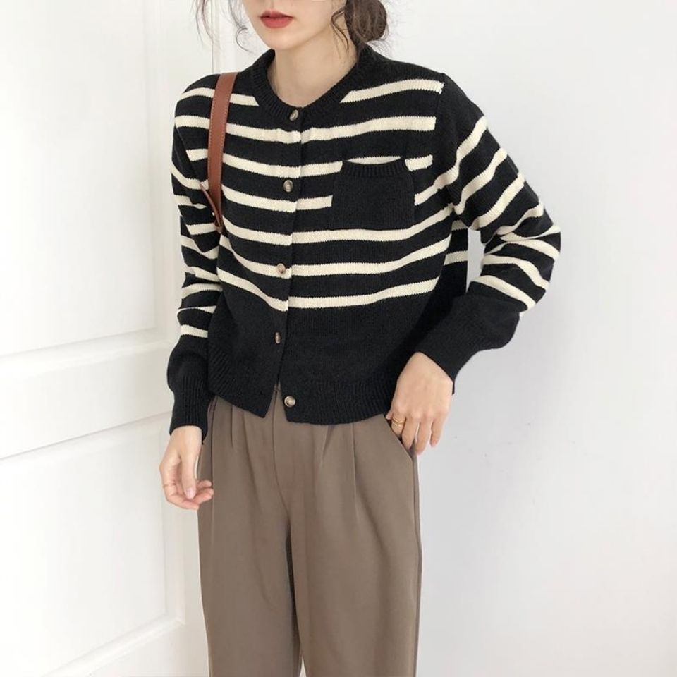 Áo Khoác Cardigan Dệt Kim Dày Dặn Kẻ Sọc Kiểu Hàn Quốc Xinh Xắn Cho Nữ