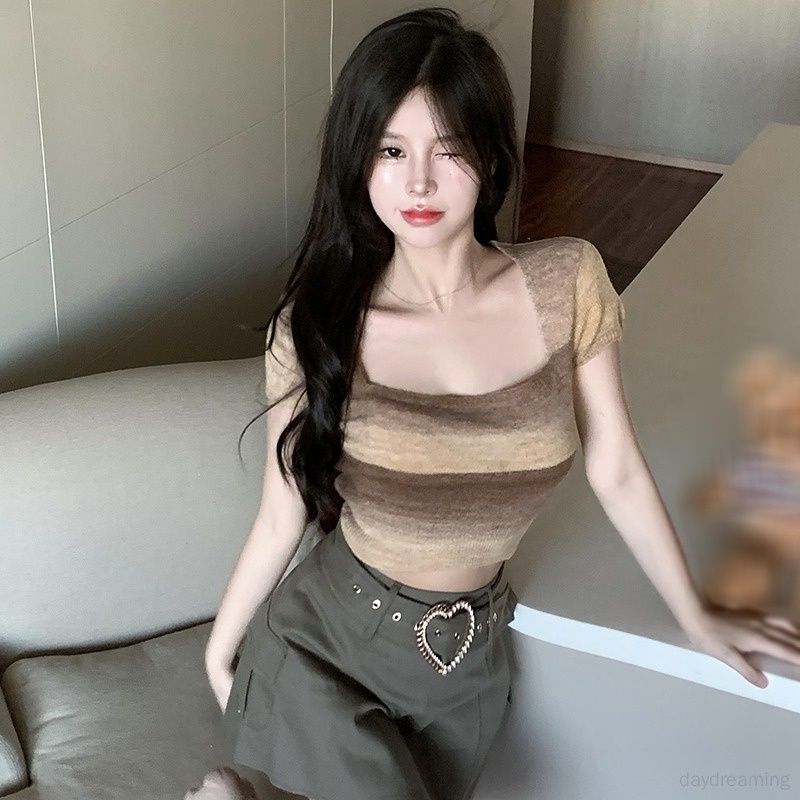 Áo Thun Croptop Dệt Kim Tay Ngắn Cổ Vuông Dáng Ôm Phong Cách Hàn Quốc Cho Nữ