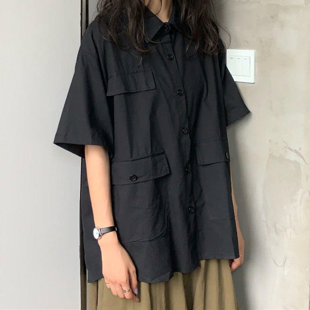 Áo Sơ Mi Nam Nữ Form Rộng TRƠN Basic Unisex Cộc Tay Trắng và Đen, Kiểu áo sơ mi suông Ulzzang