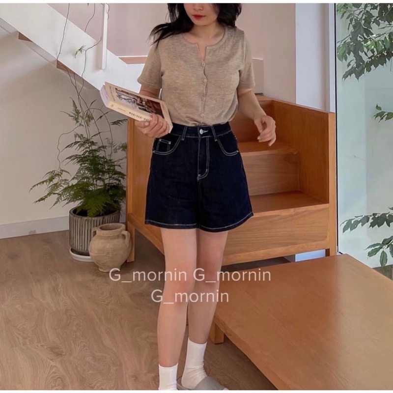 Quần short bò màu đen chỉ nổi/ Quần đùi nữ may gấu lưng cao tôn dáng