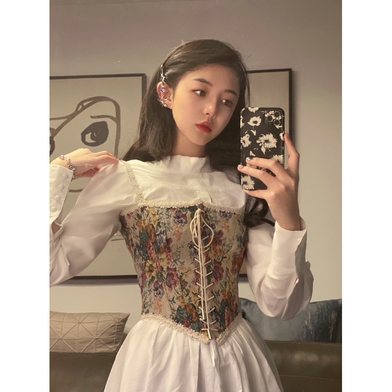 Có sẵn | Đầm chic ulzzang dáng xoè + áo dây corset hoạ tiết vintage