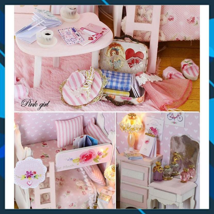 Mô hình nhà búp bê gỗ DIY Nhà búp bê có đèn PINK GIRL Toy World