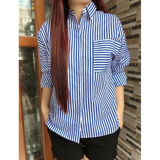 Áo sơ mi Oversize sọc dọc phối túi sọc ngang