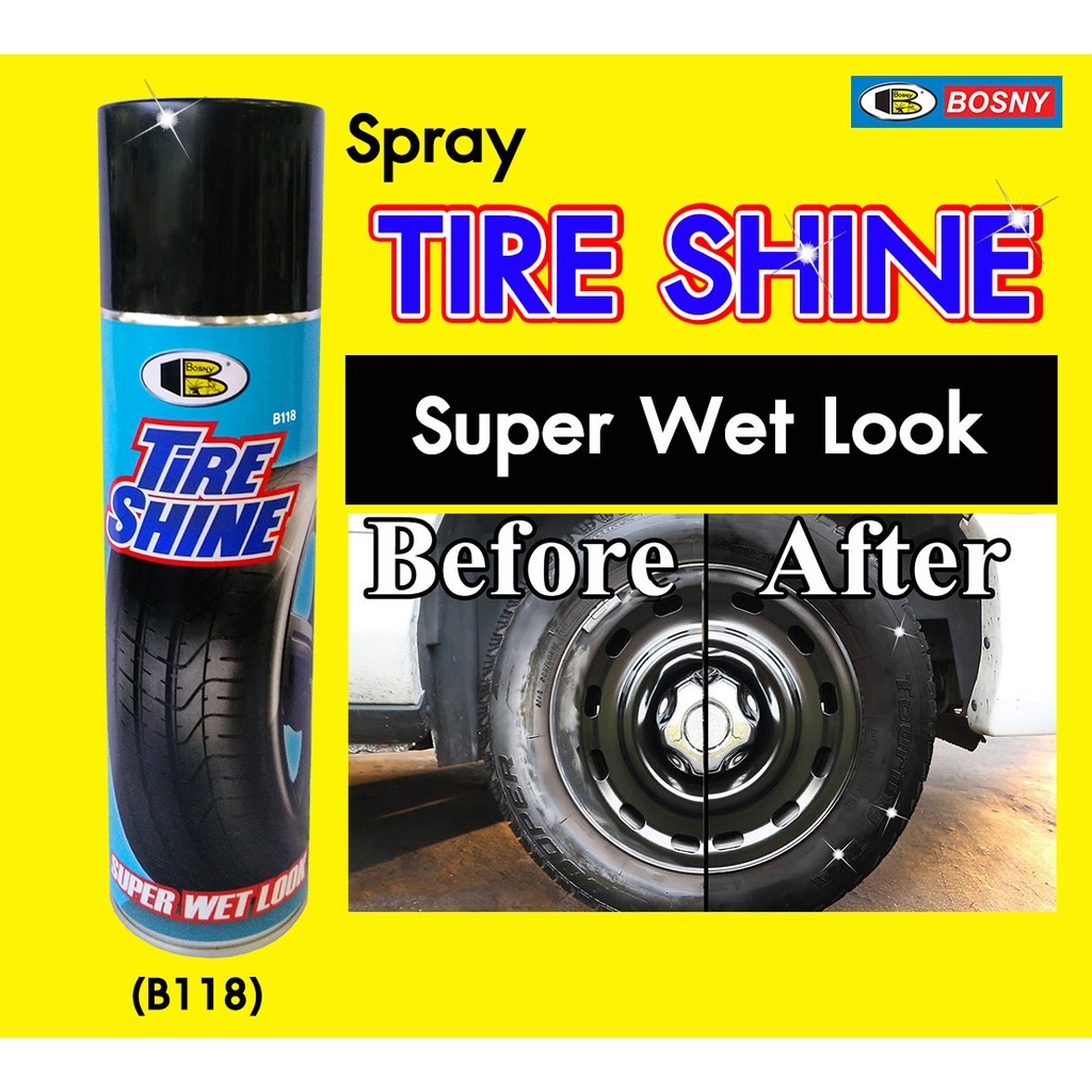 Chai xịt bóng lốp vỏ xe, ghế ô tô, yên xe máy, bảo vệ lốp vỏ xe, ghế xe và yên xe TIRE SHINE Bosny B118 600cc - Thái Lan