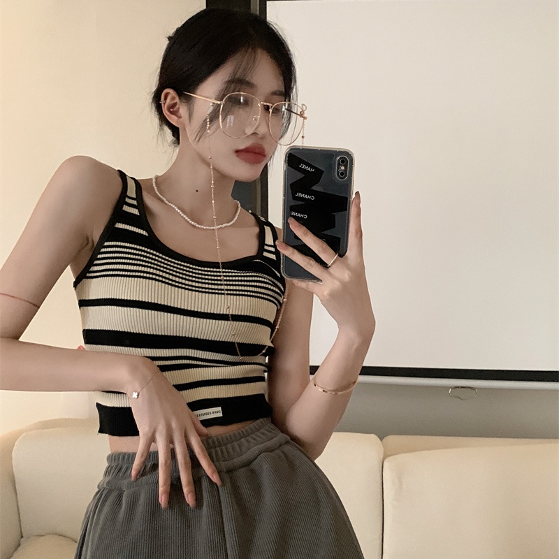 Áo Croptop Kẻ Sọc Màu Sắc Tương Phản Phong Cách Cổ Điển Thời Trang Quyến Rũ Cho Nữ