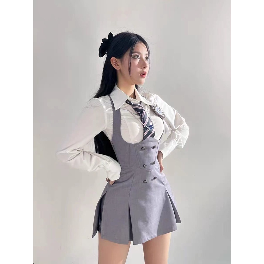 Set Áo Sơ Mi Dài Tay + Đầm Yếm Thiết Kế Mới Thời Trang Mùa Thu 2022 Dành Cho Nữ