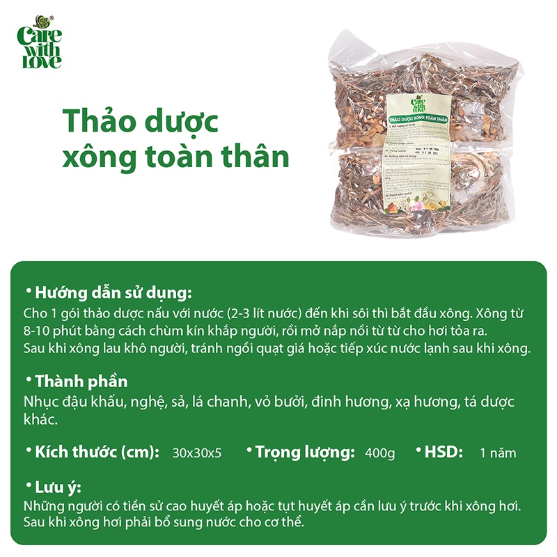 Lá Xông - Tắm Thảo Mộc CARE WITH LOVE Giải Cảm Phục Hồi Cơ Thể, Tăng Sức Đề Kháng