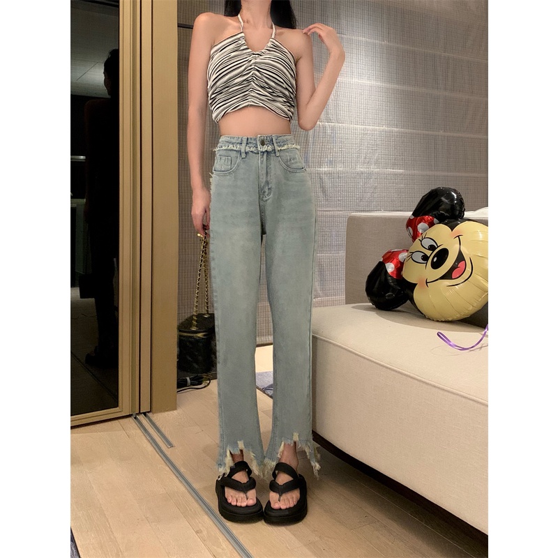 Quần jeans ZHELIHANGFEI lưng cao ống rộng thời trang cá tính cho nữ