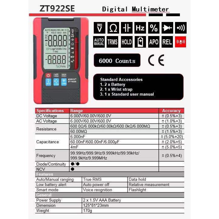 Đồng Hồ Đo Điện Vạn Năng Zoyi Zt-922 Và Zt-922S Điều Khiển Bằng Giọng Nói - Bảo Hành 12 Tháng