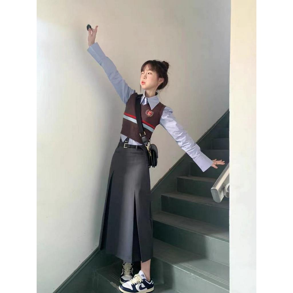 Set 3 món Áo Vest Dệt Kim Phong Cách Đại Học + Áo Sơ Mi Dài Tay Áo Ba Lỗ+ Váy Xếp Li Lưng Cao Dành Cho Nữ