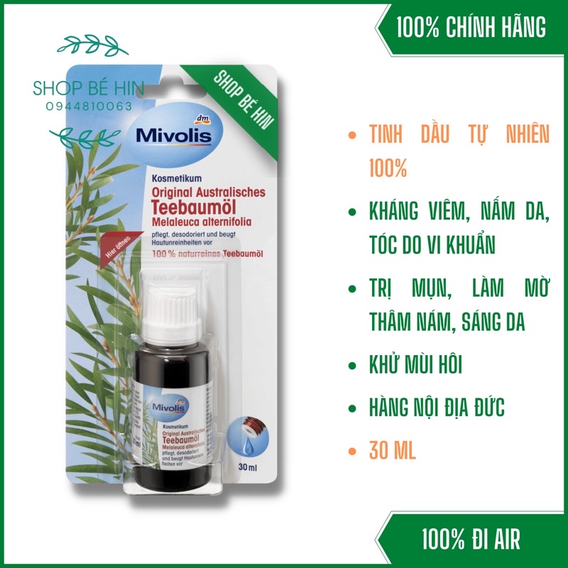 (Bill Đức) Tinh dầu tràm trà Mivolis 30ml dưỡng da, đánh bay mụn và nhiều công dụng khác, hàng Đức