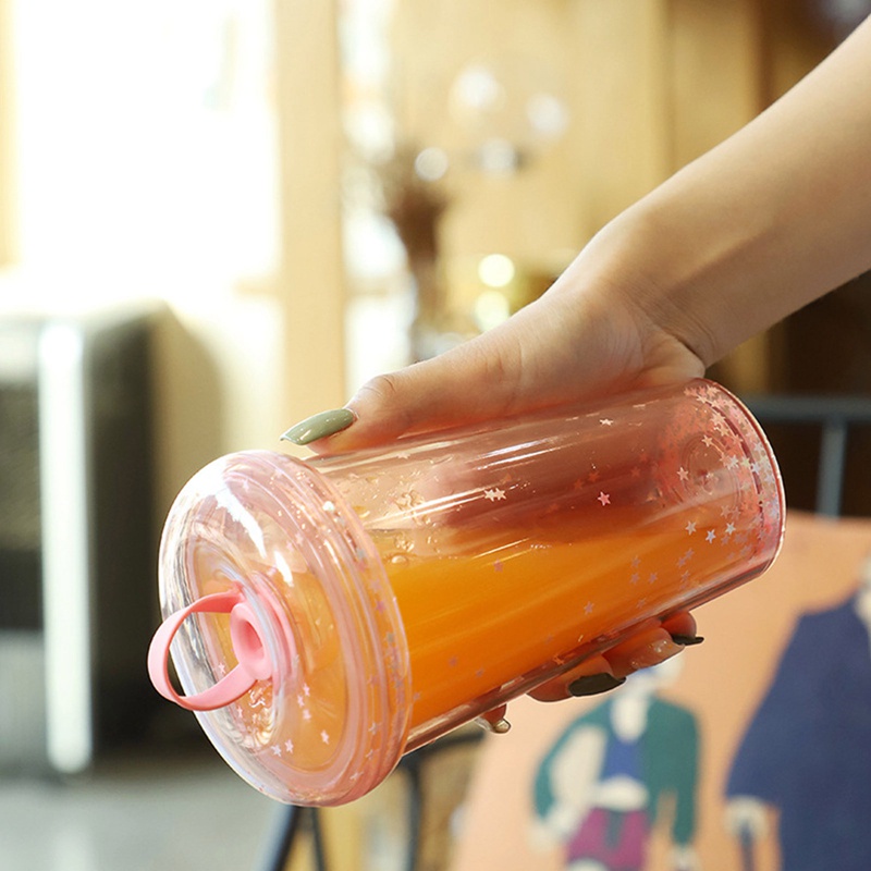 Cốc uống trà sữa bằng nhựa trong suốt hai lớp có ống hút tái sử dụng được phong cách Hàn Quốc