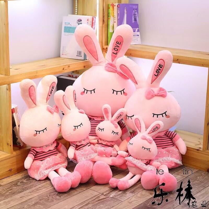 Gấu nhồi bông chất liệu vải Miniso mềm mịn cao cấp - mẫu thỏ mặc váy hồng cute