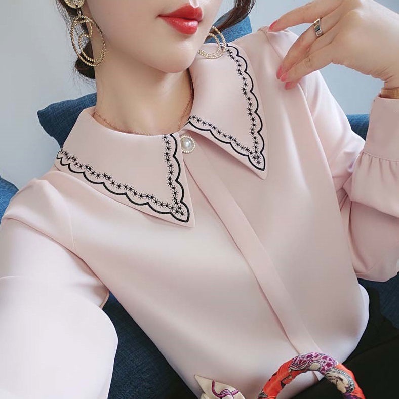 Áo sơ mi voan tay dài thêu họa tiết thời trang dành cho nữ