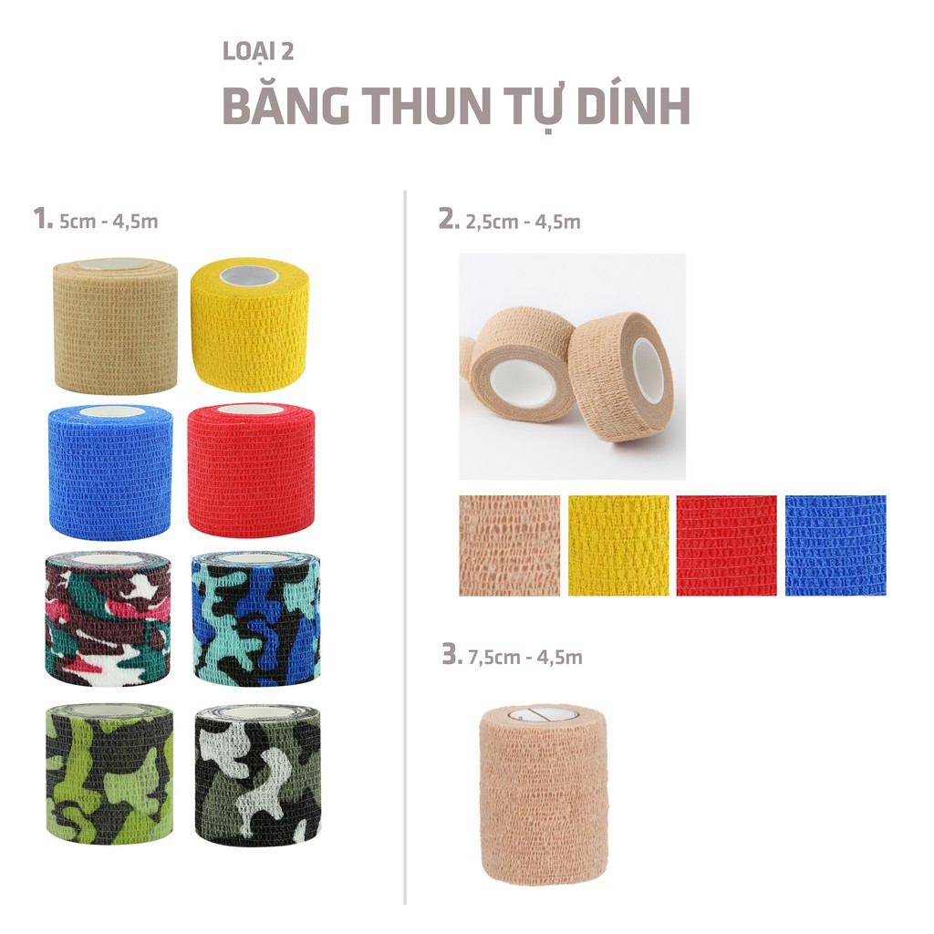 Băng thun tự dính - Băng quấn vết thương, co dãn, tự dính, dùng khi chơi thể thao