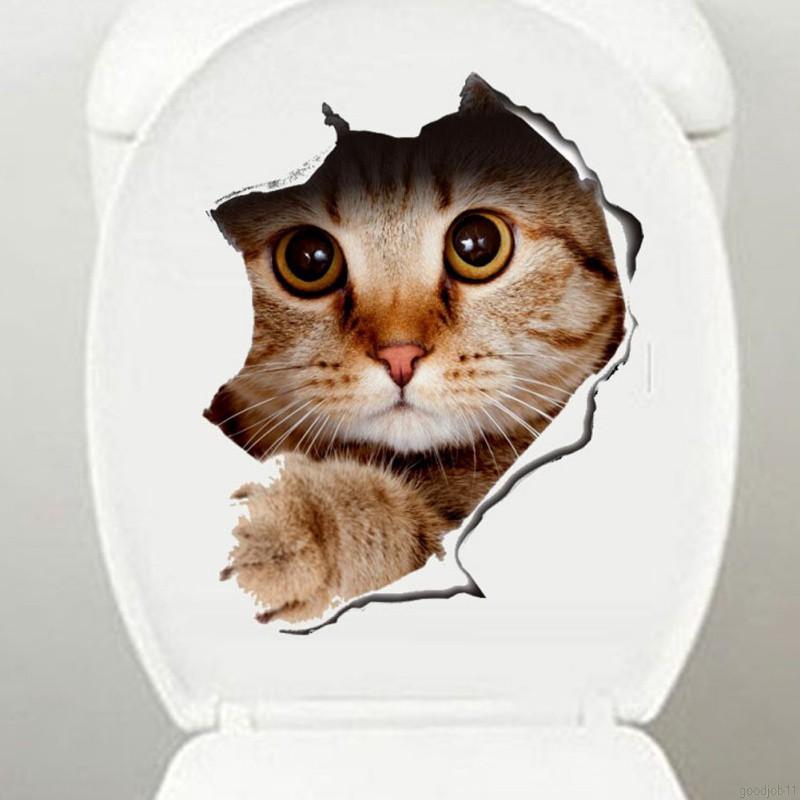 Sticker dán tường/nhà vệ sinh hình chó/mèo 3D tự dính có thể tháo rời